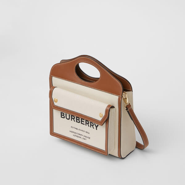 2020SS BURBERRY（バーバリー ポケットバッグ コピー）ミディアム ツートン キャンバス＆レザーバッグ
